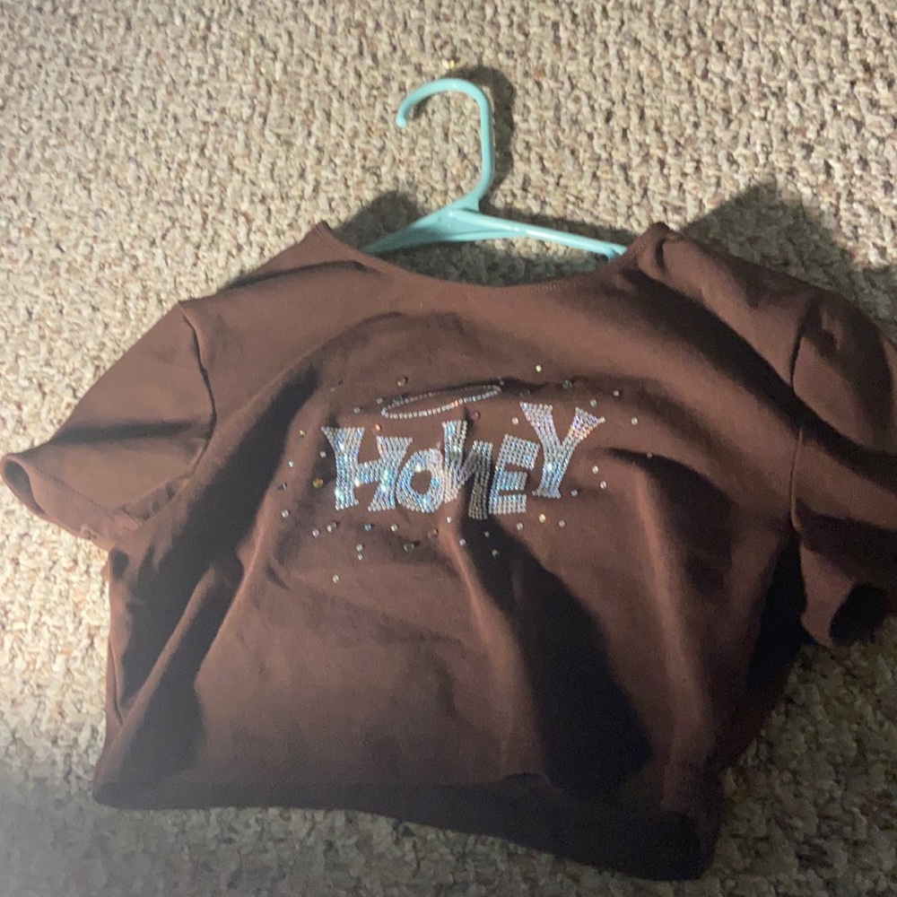 Brown ‘honey’ shorts sleeve shirt with rhinestones